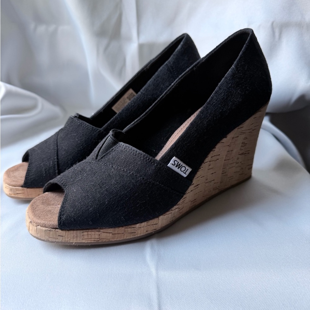 Toms Black Fabric Cork Peep-Toe Wedge Sandals